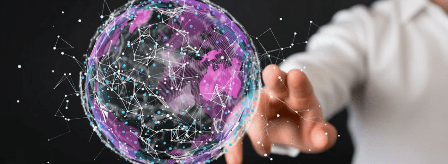 Man pointing at globe with technology overlay
