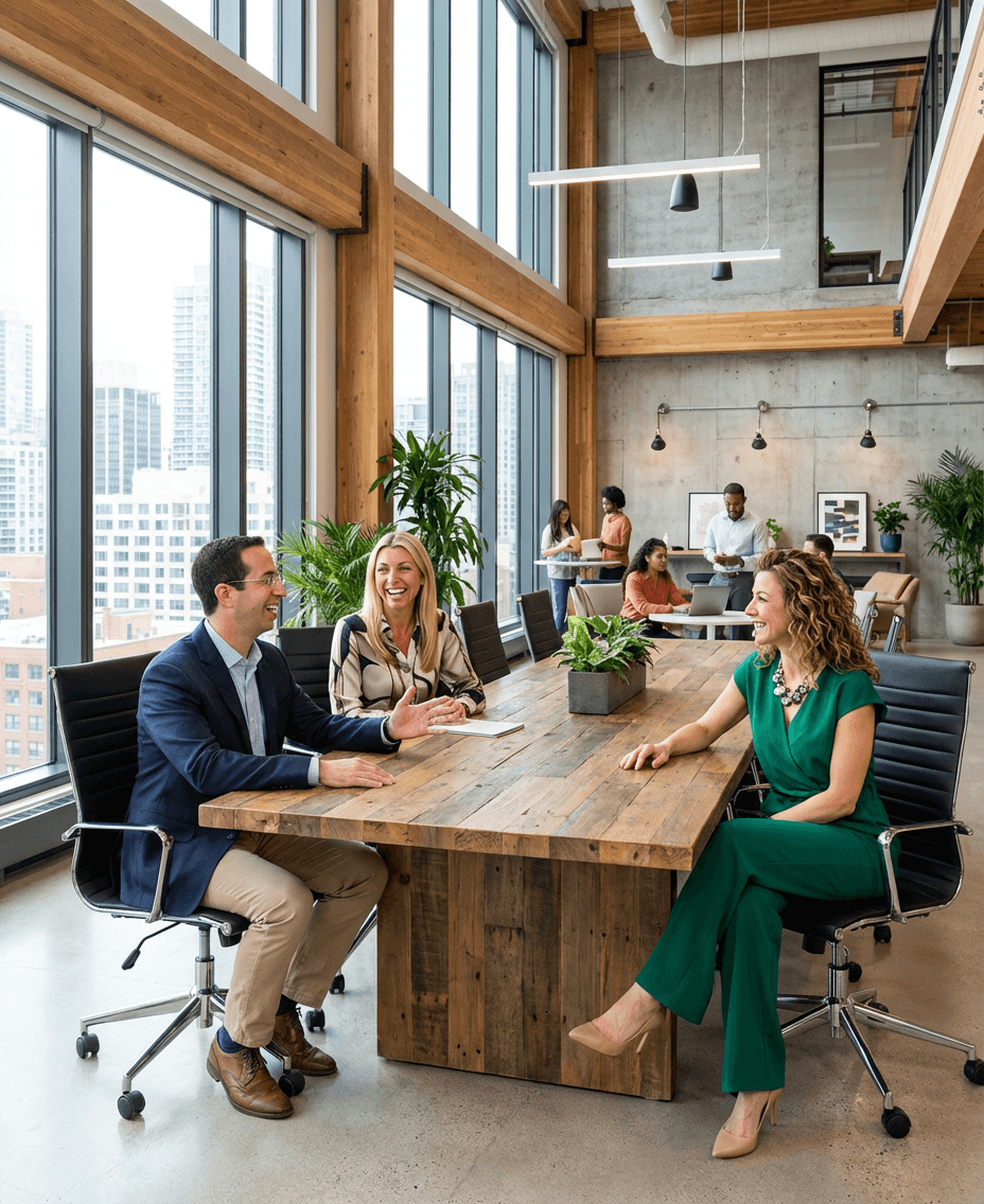 Syntari employees in a meeting in open office space
