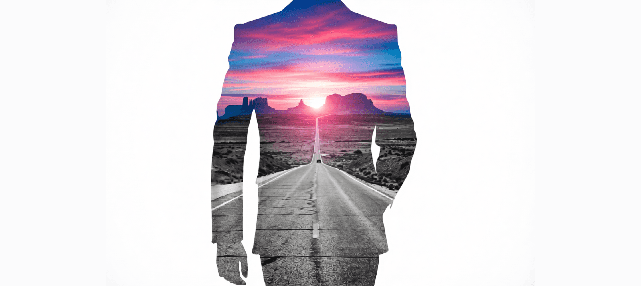 Person silhouette with open road and sunset, representing AI clarity and strategic direction