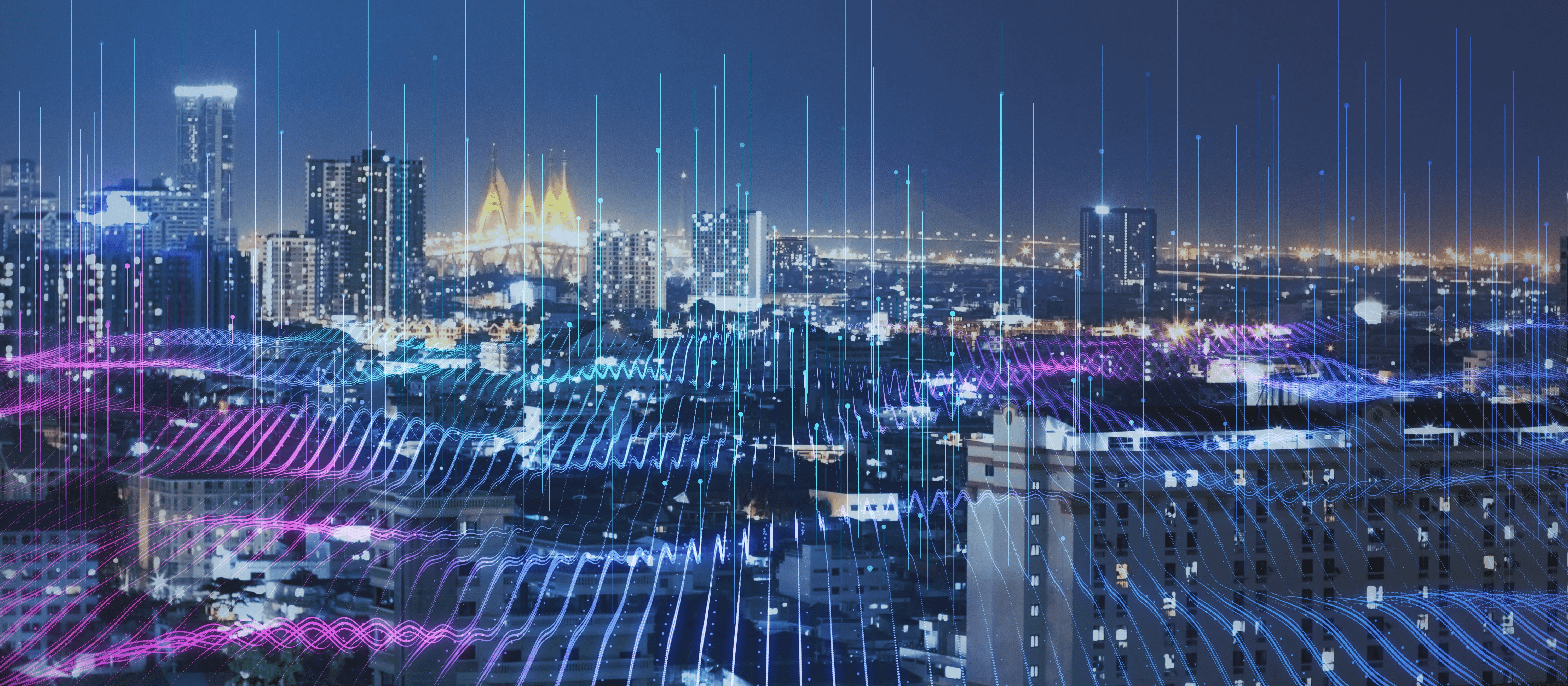 City landscape with digital grid overlay