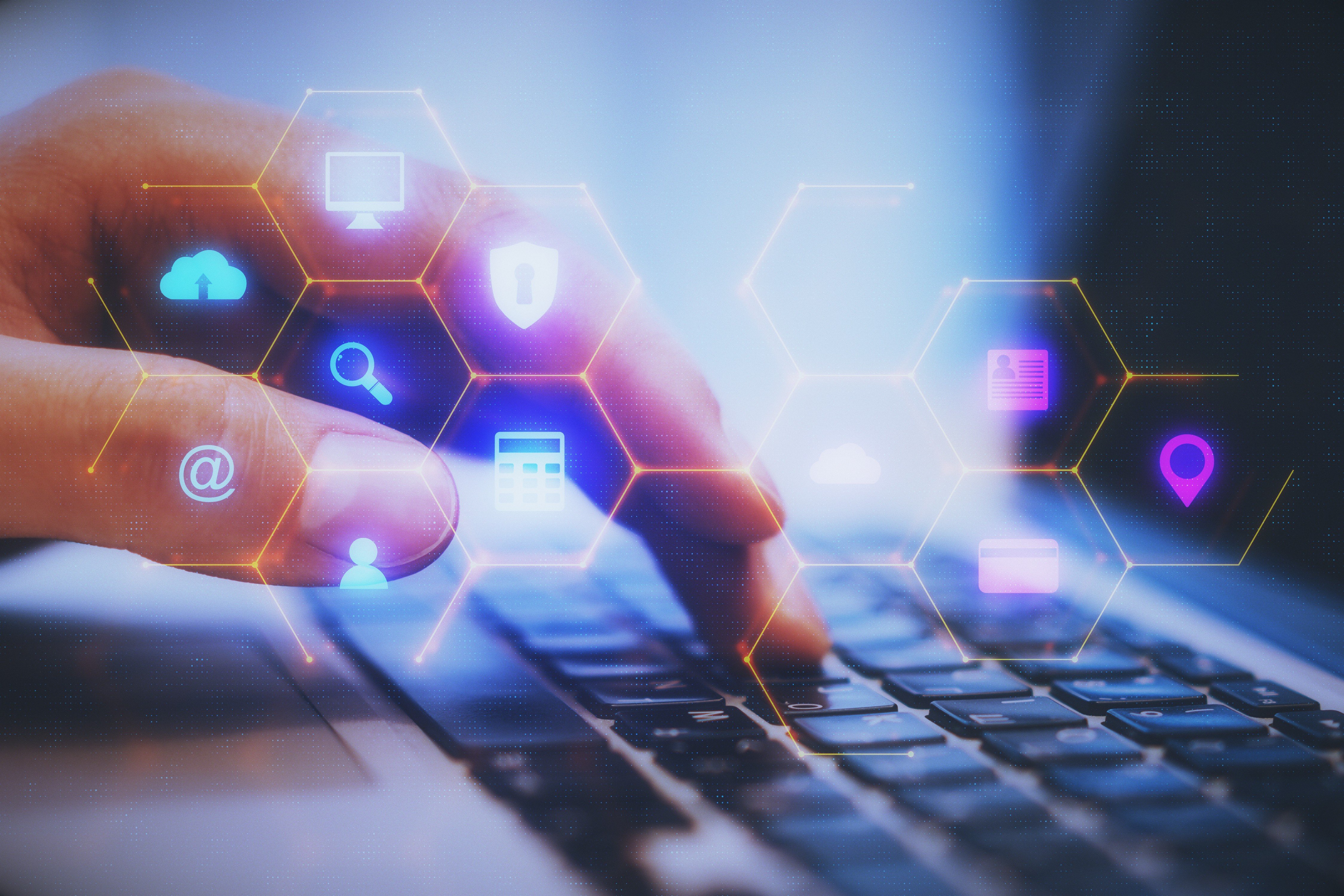 AI platform and person navigating on laptop with abstract AI overlay