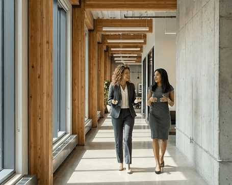 Two women walking in the office hall