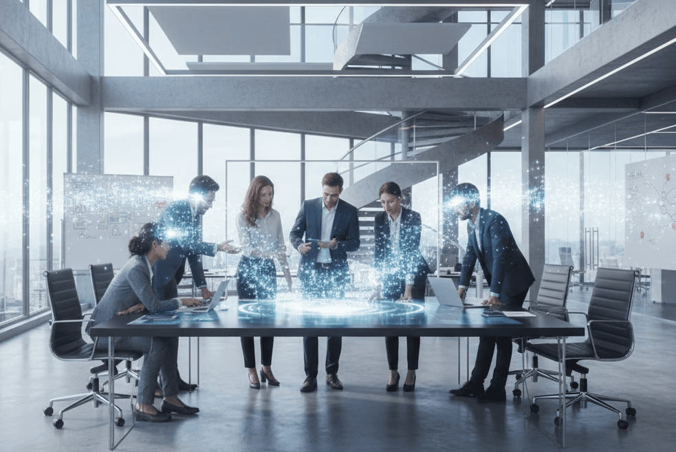 A work team around the desk