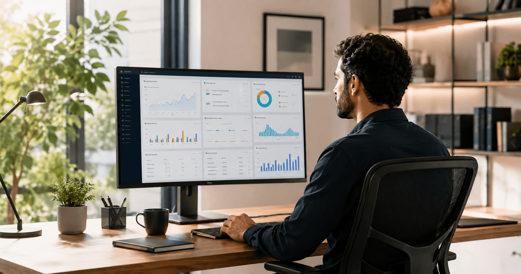 Professional working confidently at a modern desk with multiple project dashboards displayed on a large monitor, illustrating how one person can efficiently manage complex work across multiple initiatives.