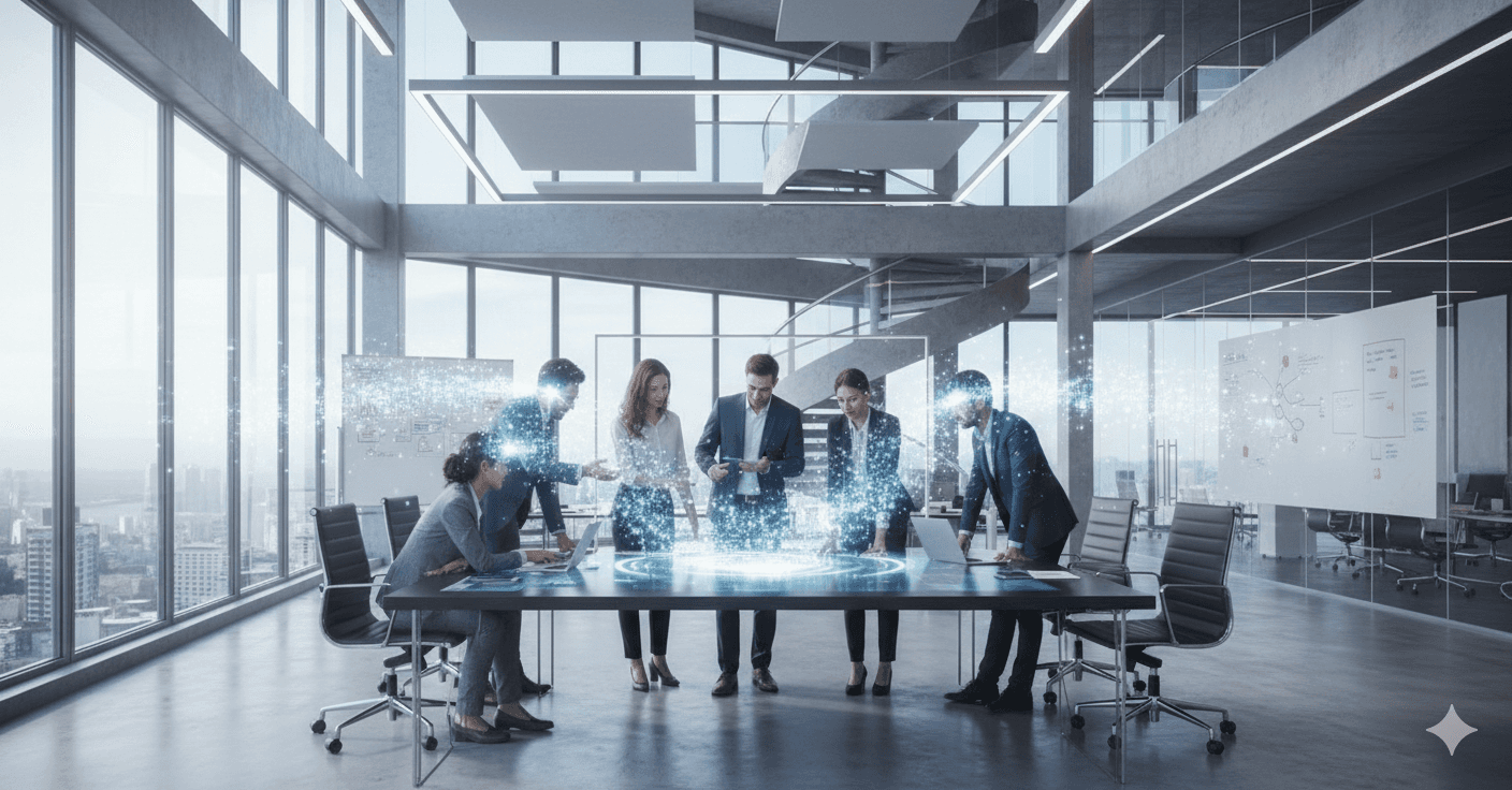 A work team around the desk