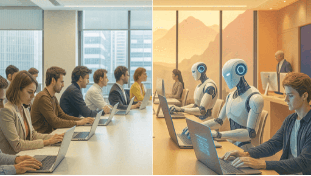 Team of consultants collaborating with AI in a modern meeting room, representing boutique AI consulting
